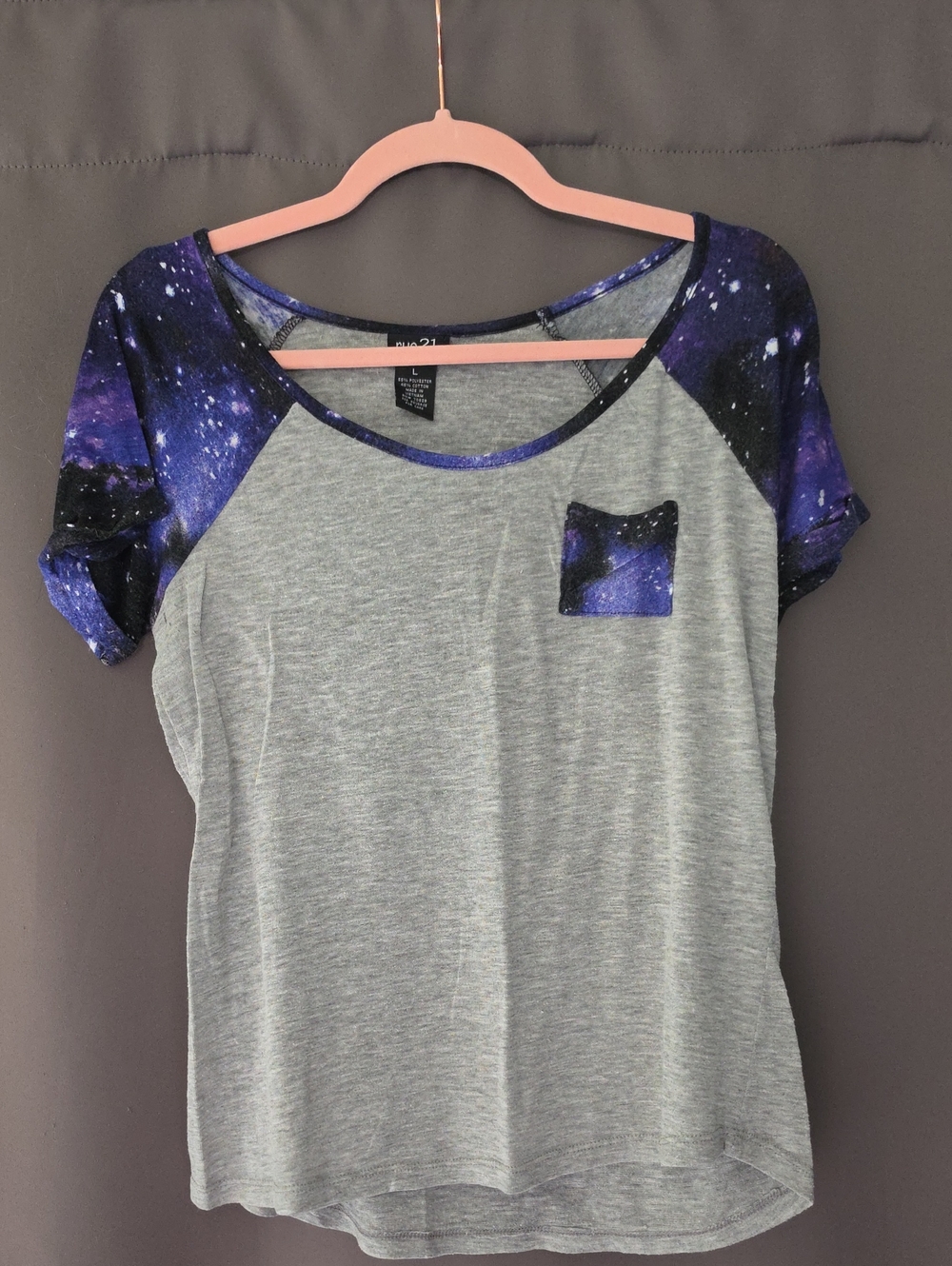 Rue21 Gray Tee with Purple Galaxy Sleeves and Pocket